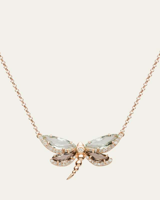 Prasiolite and Quartz Dragonfly Necklace with Diamonds